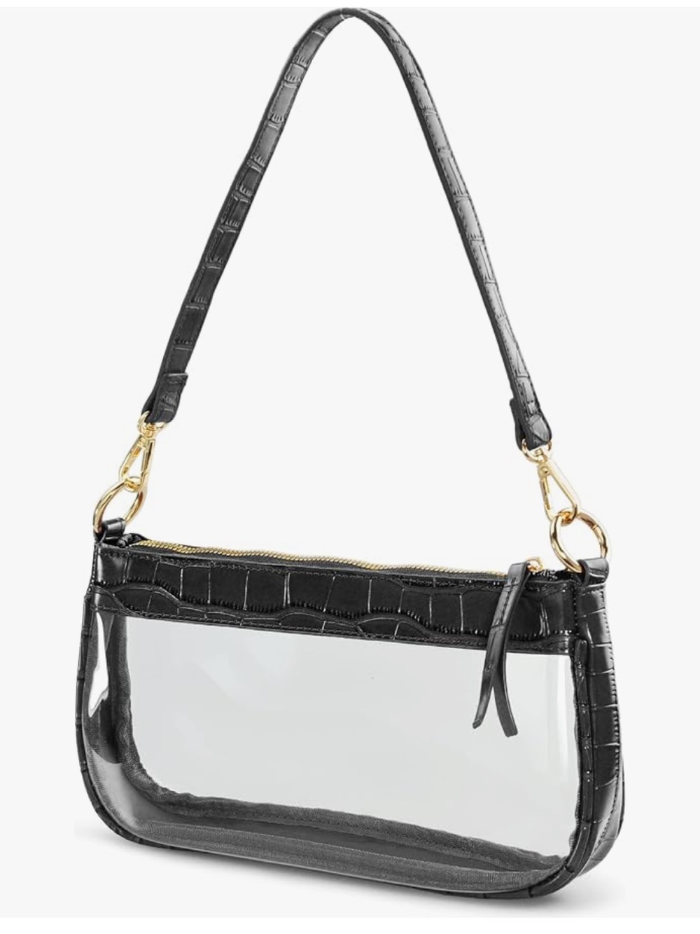 Clear Shoulder Bag with Black Croc-Effect Trim and Gold Hardware